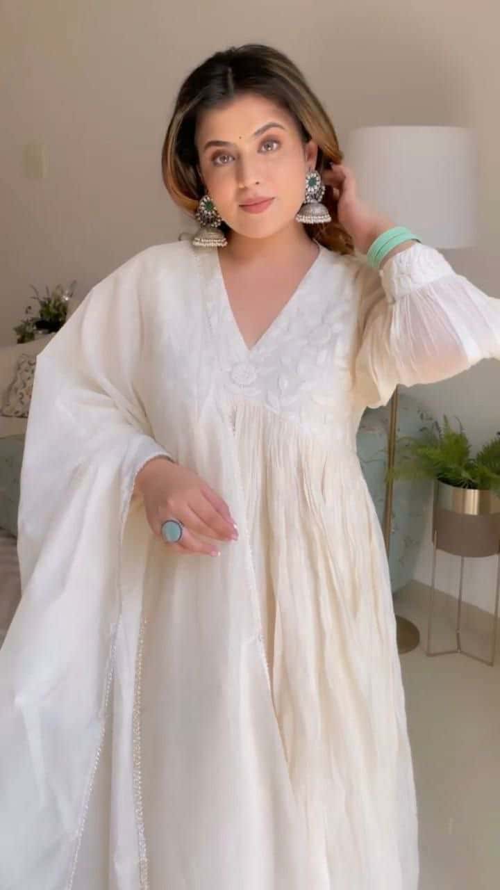"Premium Embroidered Chanderi Silk Gown with Lace Detailing & Dupatta"
