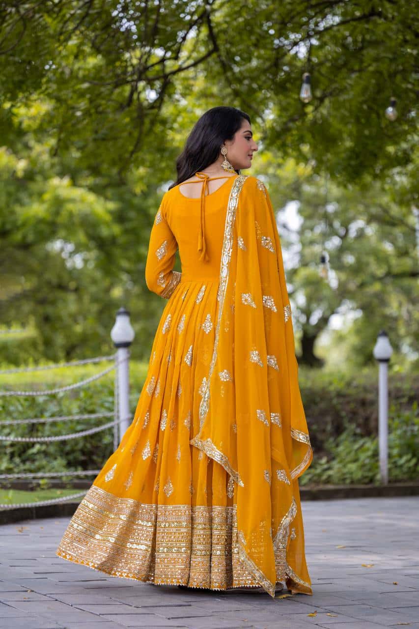 "Luxurious Embroidered Faux Georgette Gown with Sequence Work & Flowing Dupatta"