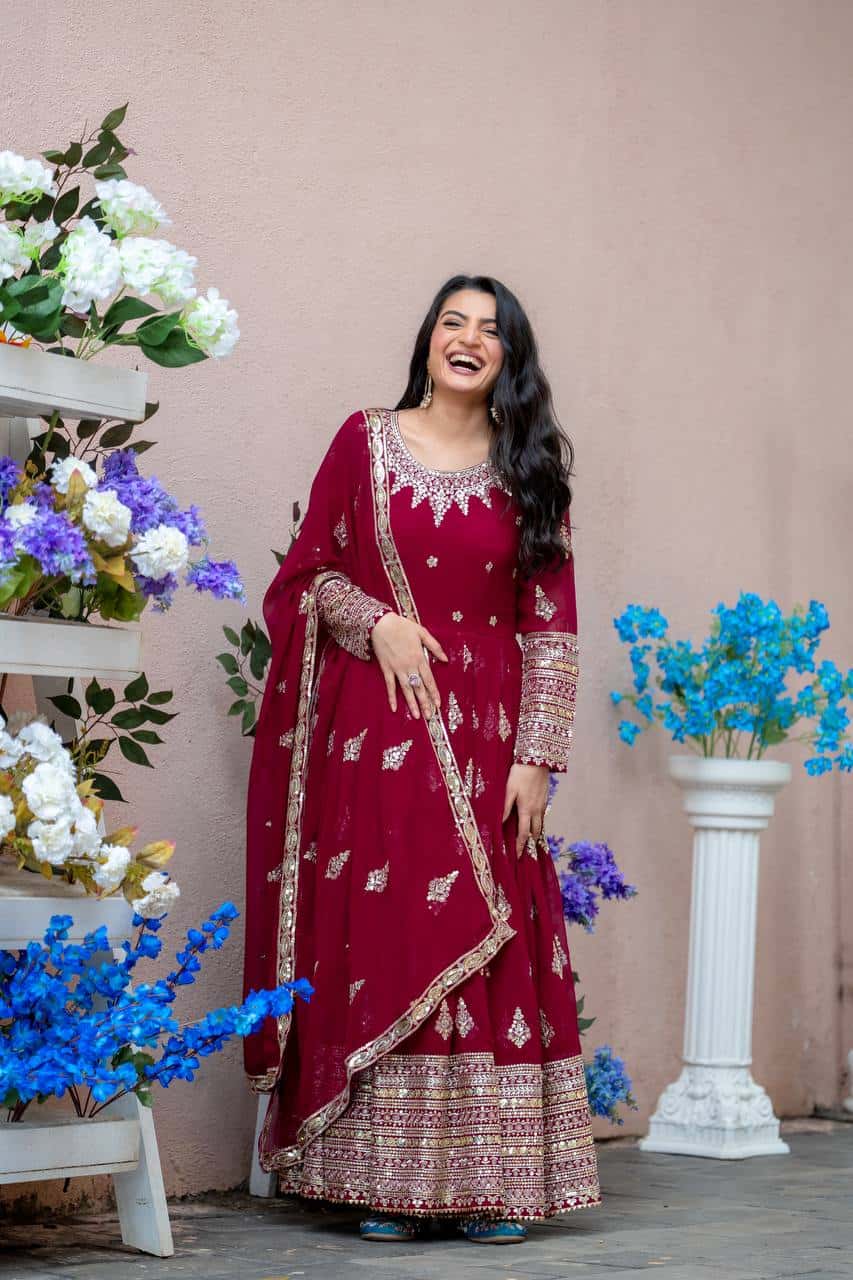 "Luxurious Embroidered Faux Georgette Gown with Sequence Work & Flowing Dupatta"
