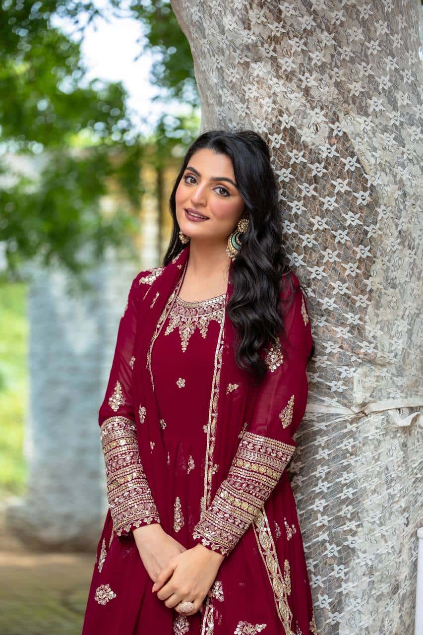 "Luxurious Embroidered Faux Georgette Gown with Sequence Work & Flowing Dupatta"