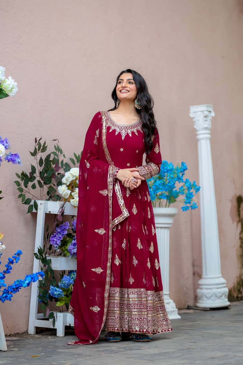 "Luxurious Embroidered Faux Georgette Gown with Sequence Work & Flowing Dupatta"