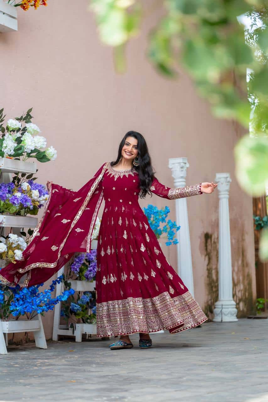 "Luxurious Embroidered Faux Georgette Gown with Sequence Work & Flowing Dupatta"
