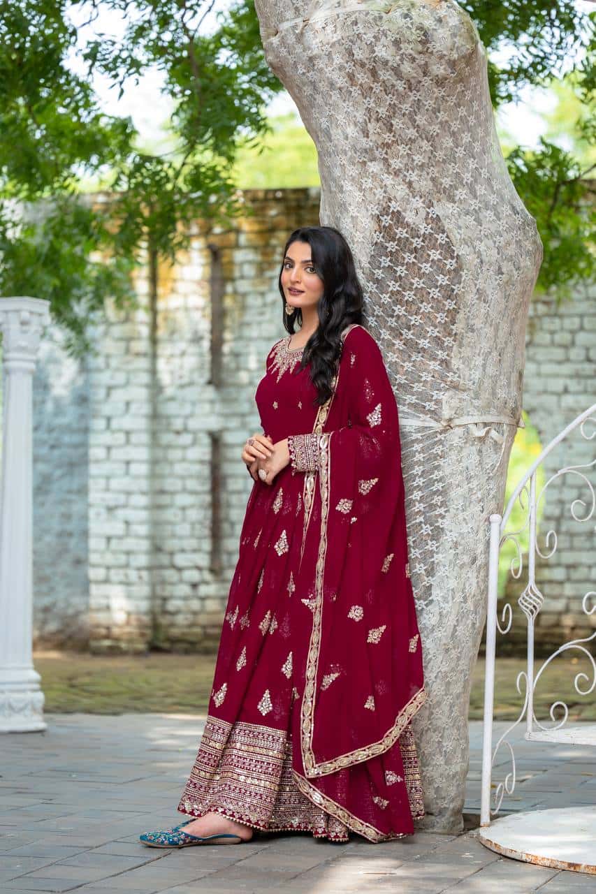 "Luxurious Embroidered Faux Georgette Gown with Sequence Work & Flowing Dupatta"