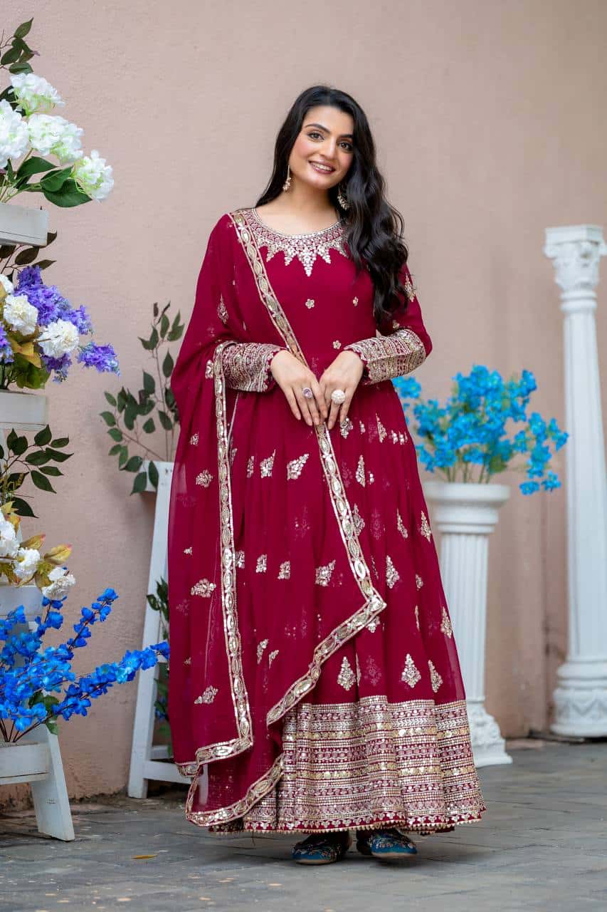 "Luxurious Embroidered Faux Georgette Gown with Sequence Work & Flowing Dupatta"