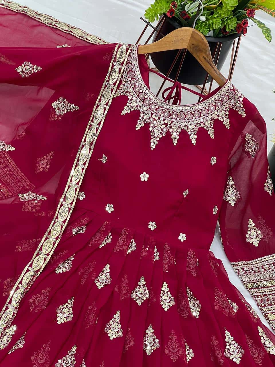 "Luxurious Embroidered Faux Georgette Gown with Sequence Work & Flowing Dupatta"