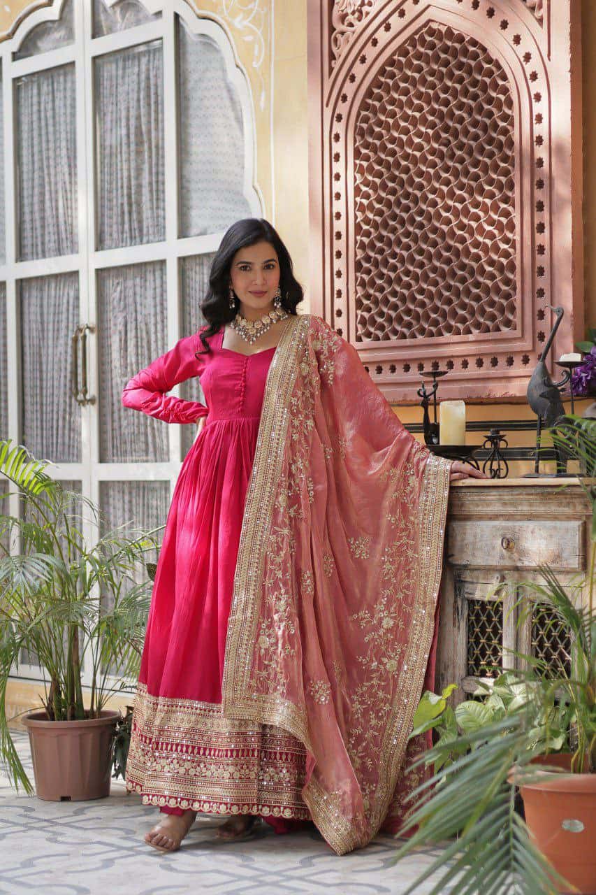 "Elegant Shimmer Vichitra Gown with Sequins Embroidery & Designer Dupatta"