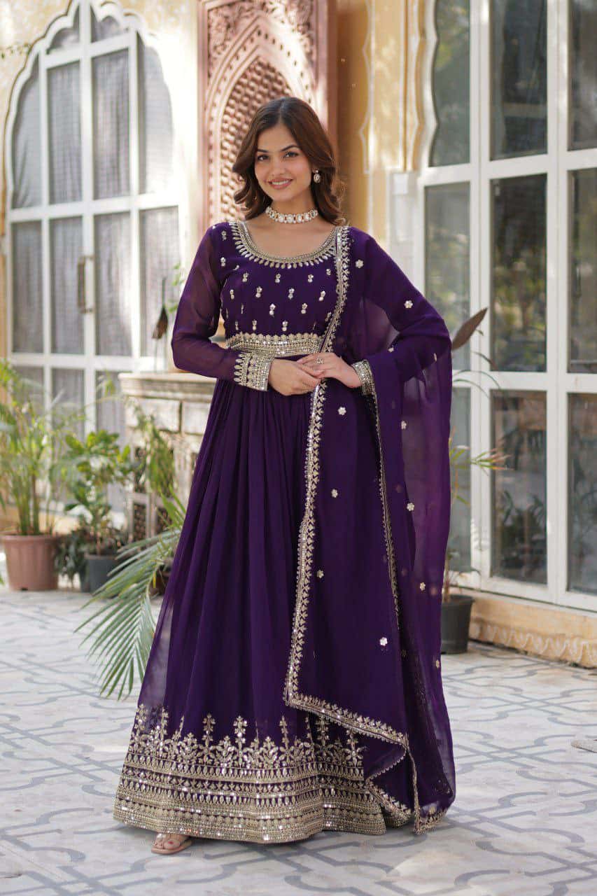 “Elegance Redefined: Faux Blooming Embroidered Gown with Sequins and Designer Dupatta”