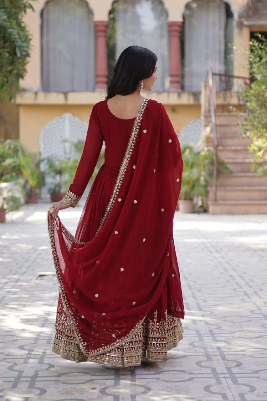 “Elegance Redefined: Faux Blooming Embroidered Gown with Sequins and Designer Dupatta”
