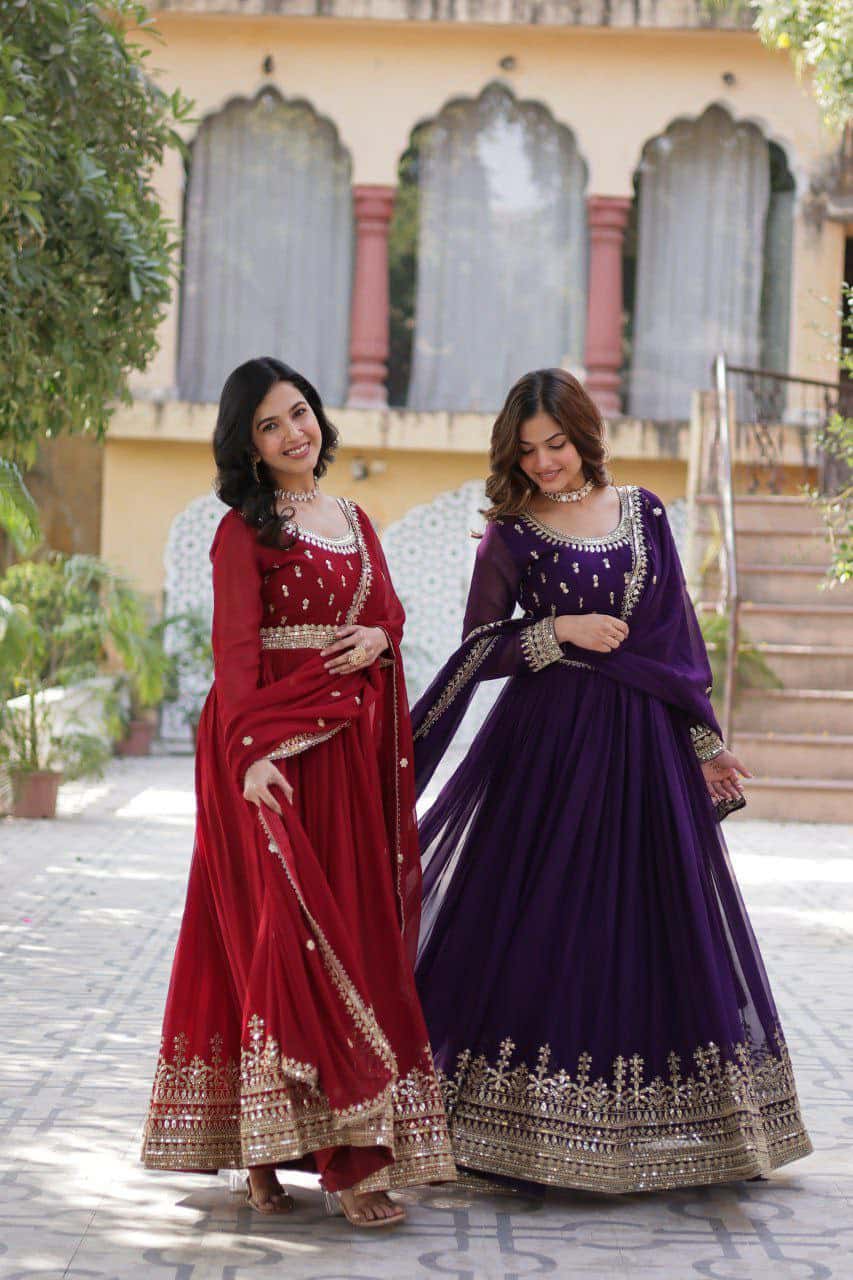 “Elegance Redefined: Faux Blooming Embroidered Gown with Sequins and Designer Dupatta”