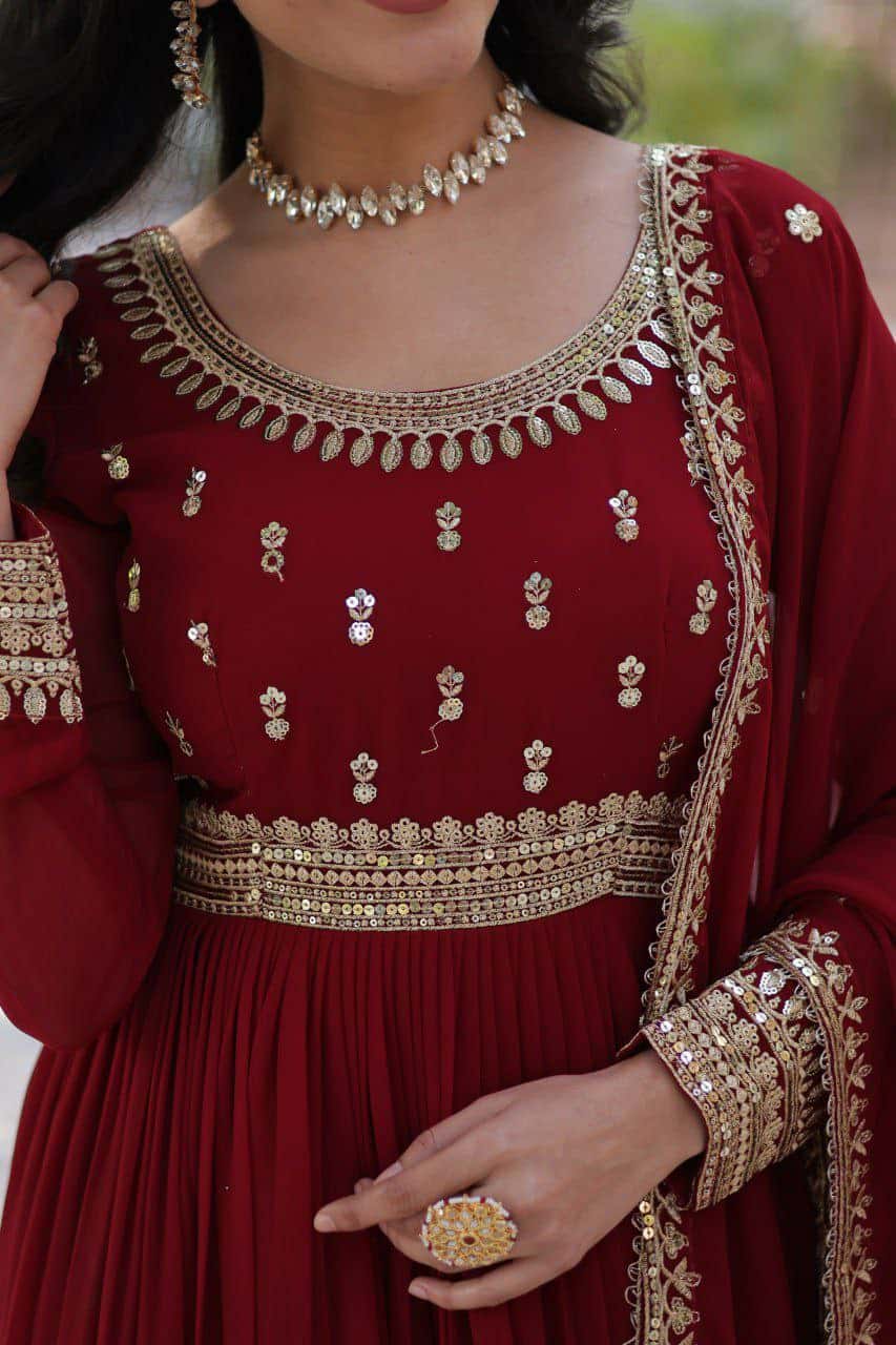 “Elegance Redefined: Faux Blooming Embroidered Gown with Sequins and Designer Dupatta”