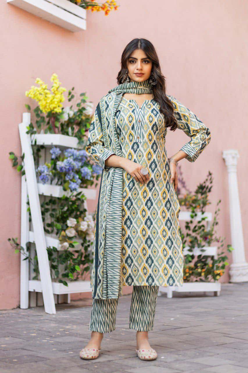 "Elegant Pista Green Cotton Printed V-Neck Kurti with Divider Plaza & Mal Cotton Dupatta"