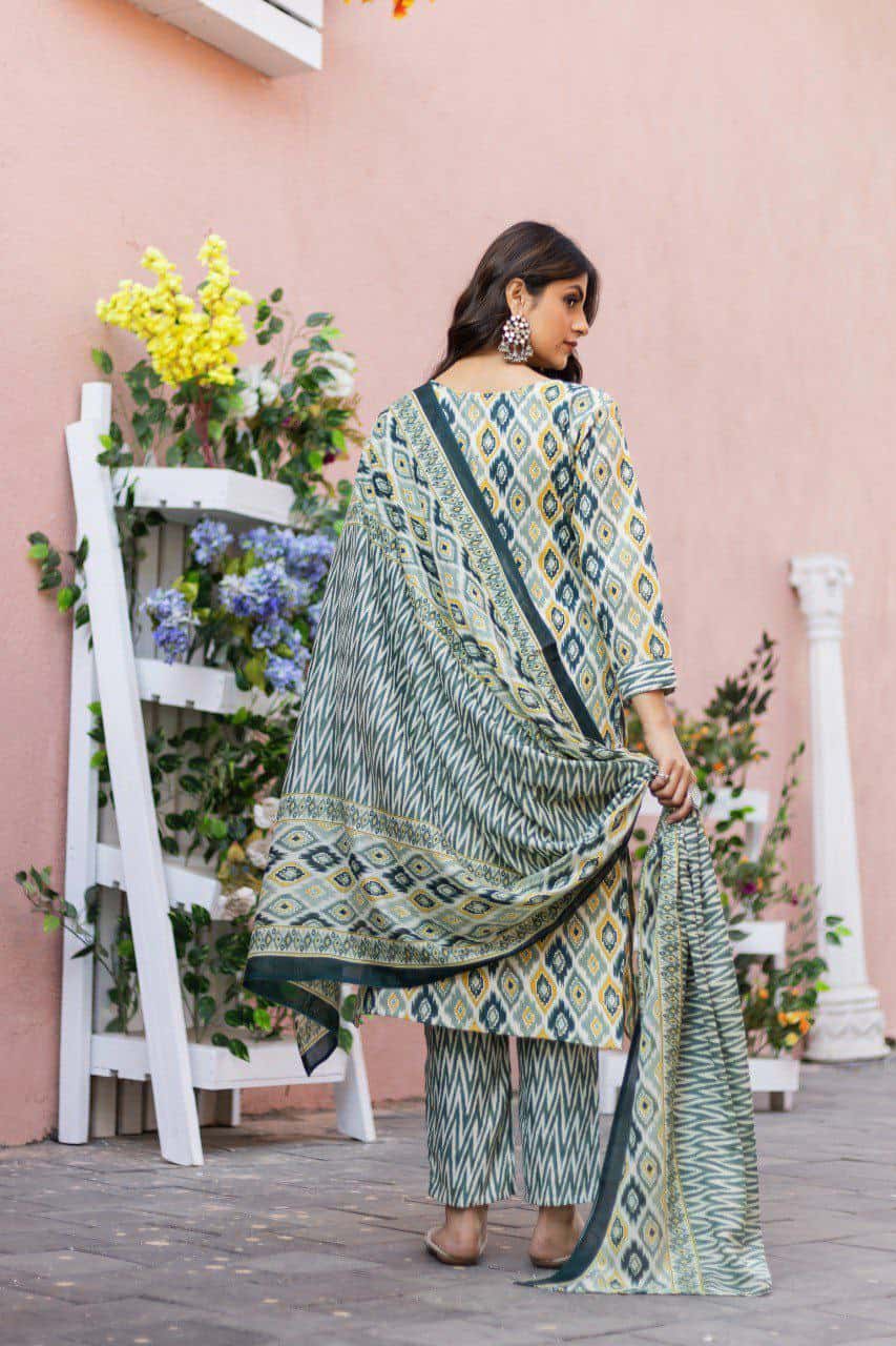 "Elegant Pista Green Cotton Printed V-Neck Kurti with Divider Plaza & Mal Cotton Dupatta"