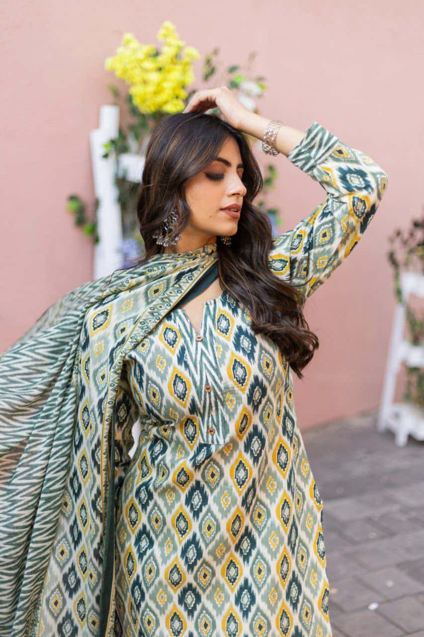"Elegant Pista Green Cotton Printed V-Neck Kurti with Divider Plaza & Mal Cotton Dupatta"