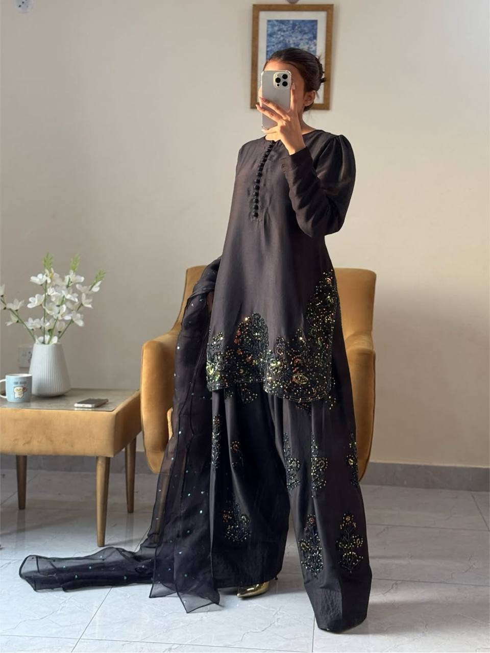 Fully Stitched Natural Crepe Silk Embroidered Suit with Farshi Plazzo & Net Dupatta