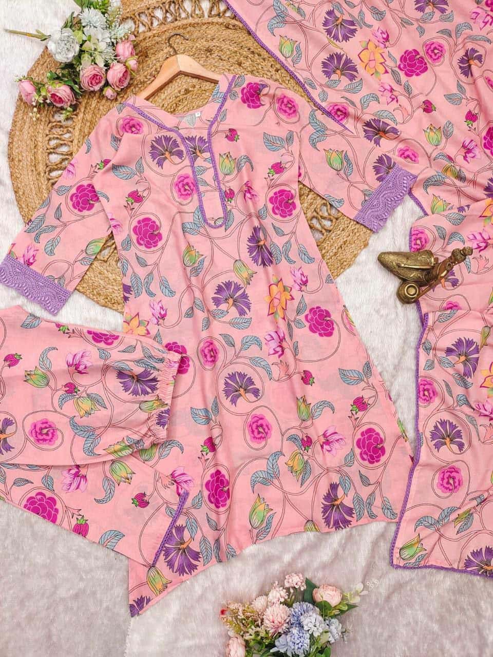 "Premium Cotton Kurta Set with Comfort Fit Pants & Pure Cotton Dupatta"