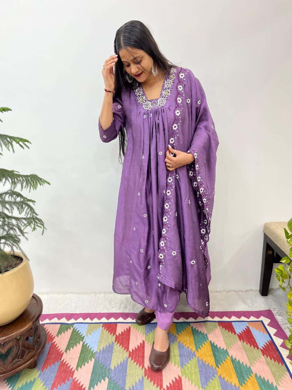 Elegant Vichitra Silk Handwork Gown Set with Embroidered Dupatta