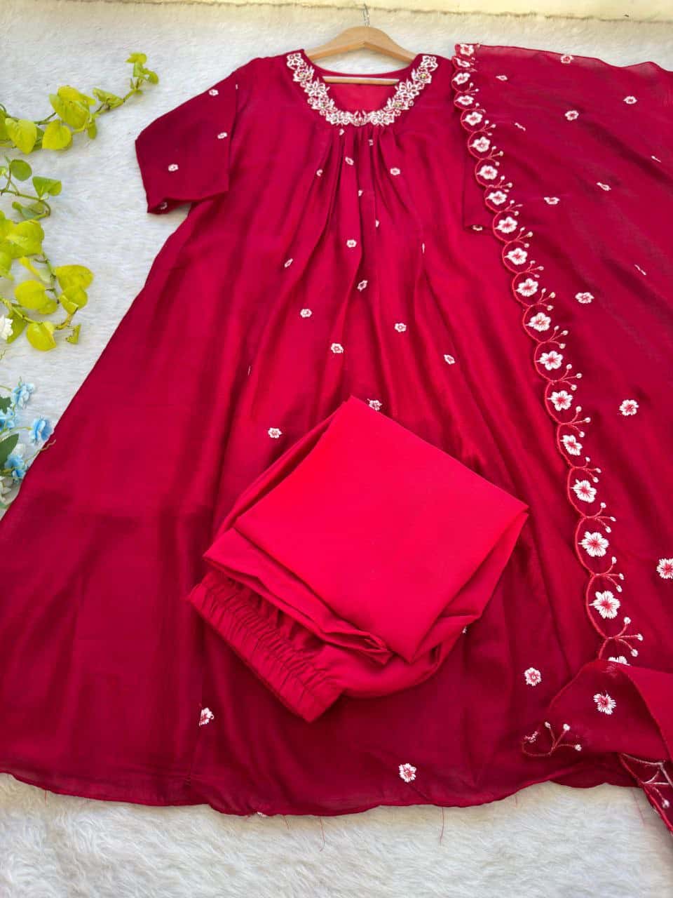 Elegant Vichitra Silk Handwork Gown Set with Embroidered Dupatta