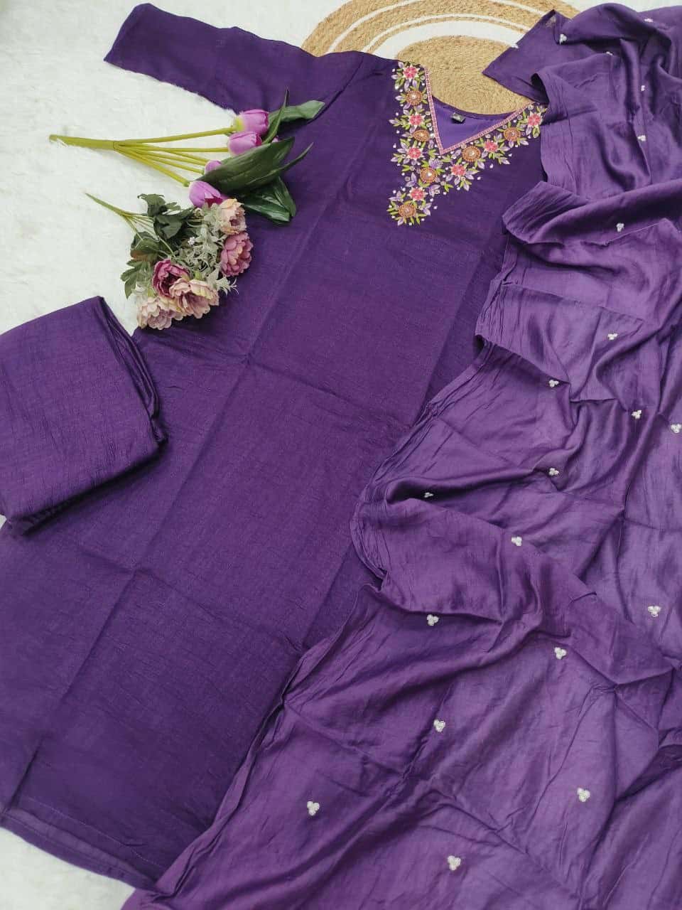 "Elegant Vichitra Silk Embroidered Kurti Set with Viscose Chanderi Dupatta"