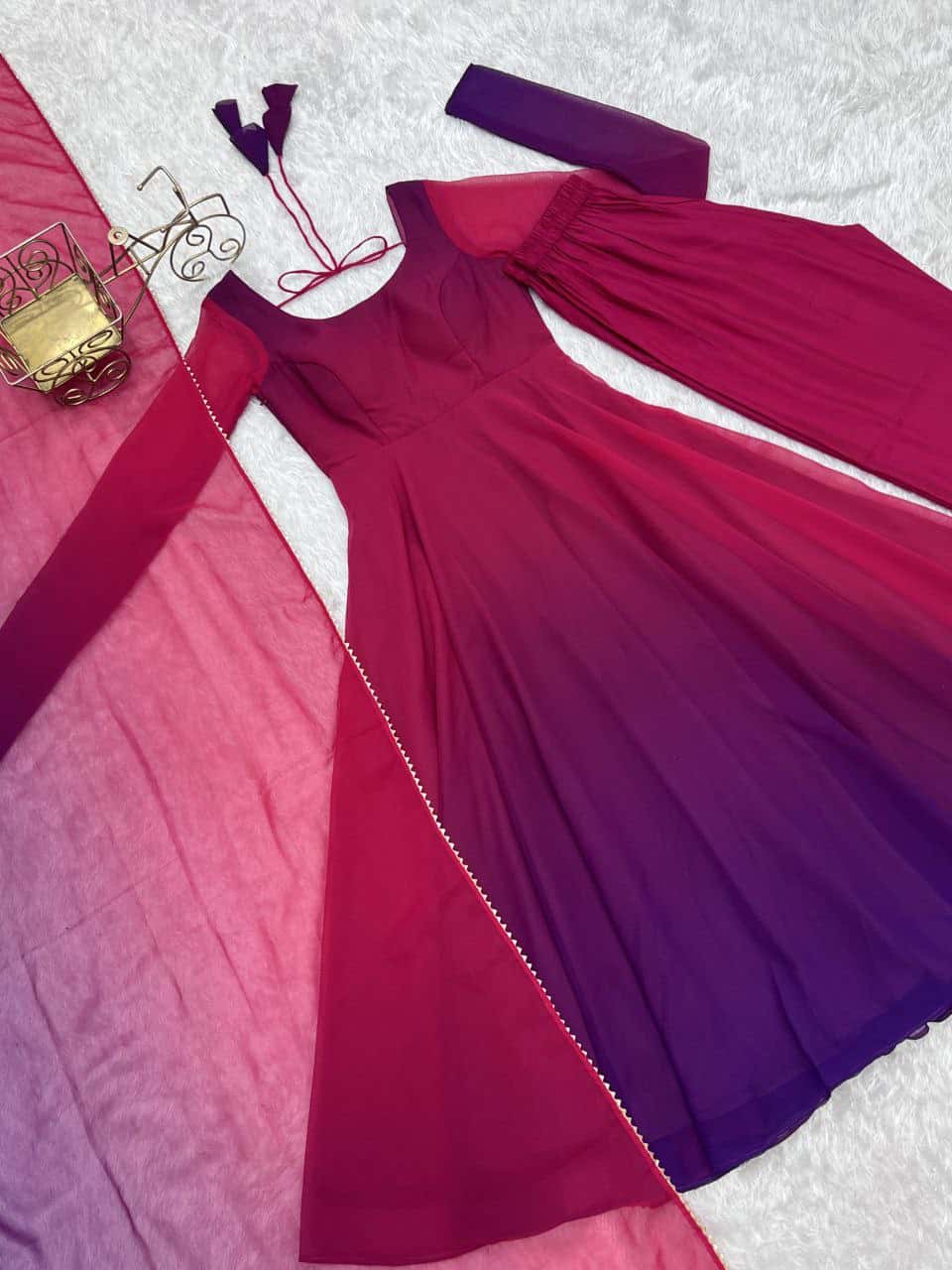 "Elegant Heavy Pure Soft Fox Georgette Anarkali Gown Set with Fancy Lace Work Dupatta & Fully Stitched Pant"