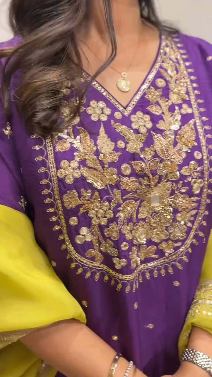 Elegant Heavy Chinnon Silk Embroidered Top with Flared Sharara & Dupatta