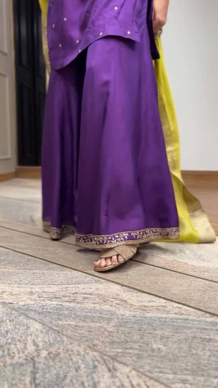 Elegant Heavy Chinnon Silk Embroidered Top with Flared Sharara & Dupatta