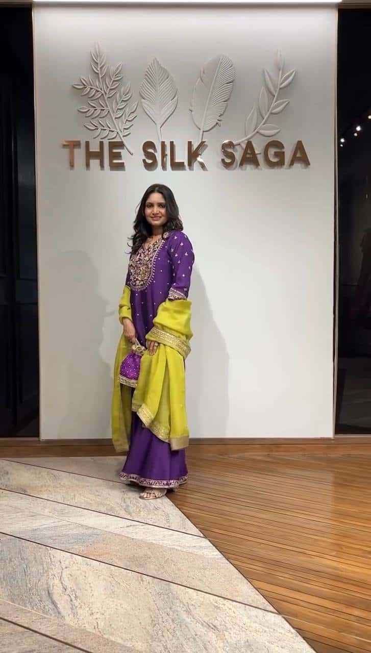 Elegant Heavy Chinnon Silk Embroidered Top with Flared Sharara & Dupatta
