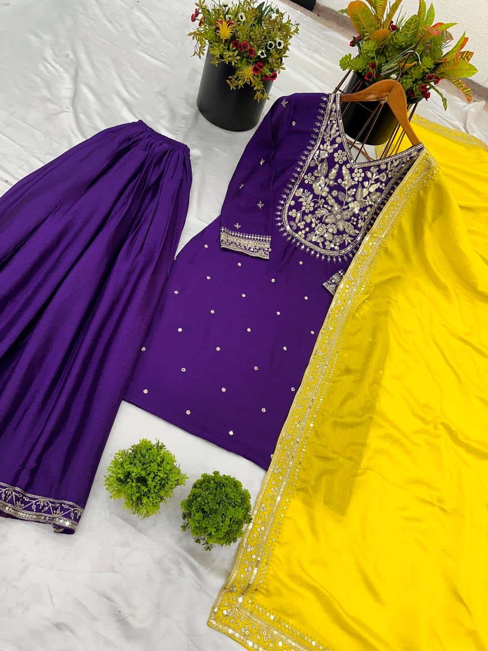 Elegant Heavy Chinnon Silk Embroidered Top with Flared Sharara & Dupatta