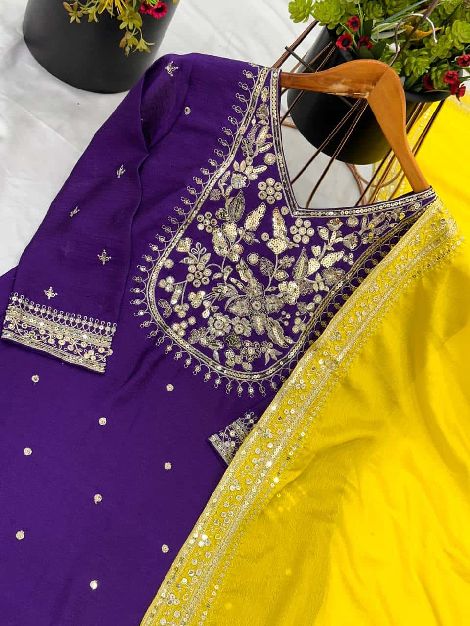 Elegant Heavy Chinnon Silk Embroidered Top with Flared Sharara & Dupatta
