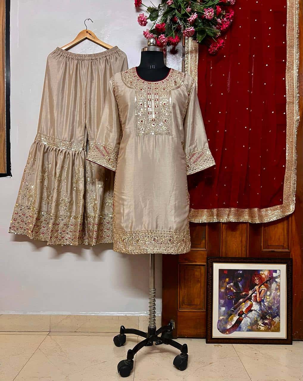 Beautiful chinon silk thread embroidery readymade stitch salwar kameez set