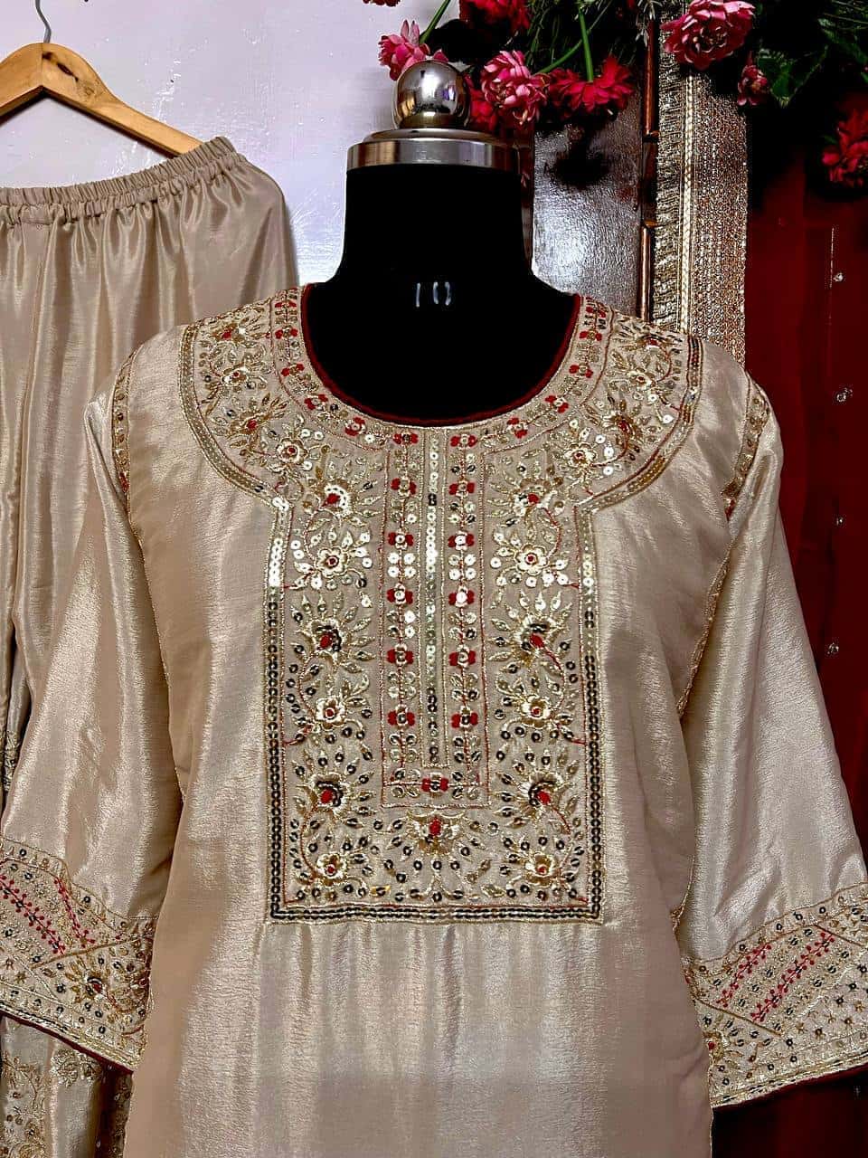 Beautiful chinon silk thread embroidery readymade stitch salwar kameez set