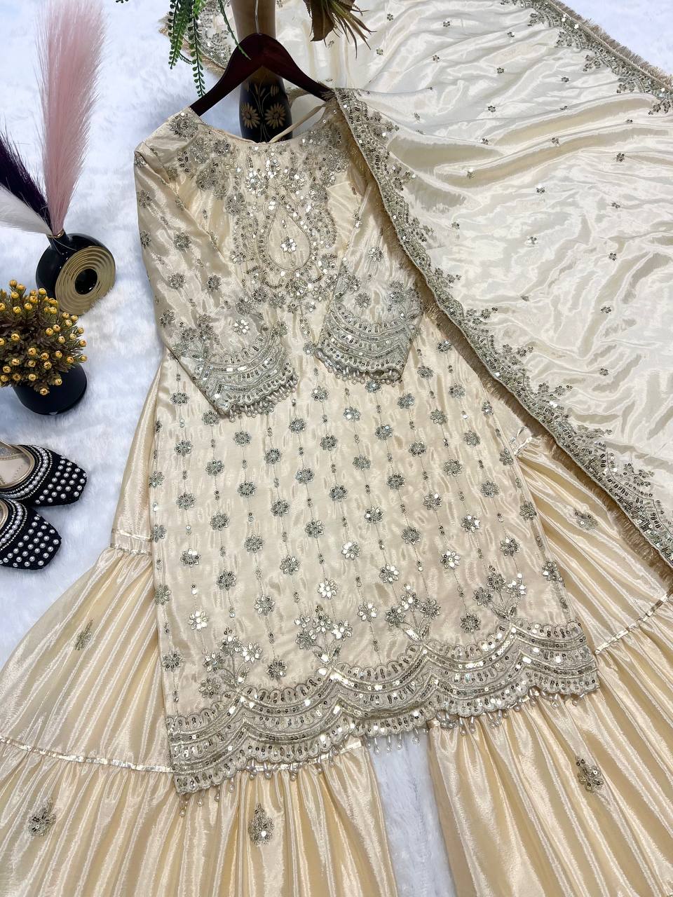 Women Wedding wear heavy silk kurta sharara with dupatta sets