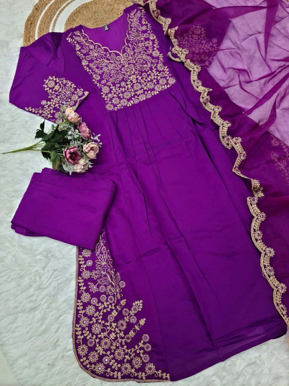 "Viscose Chanderi Kurti Set with Sequence Embroidery and Jaquard Dupatta"