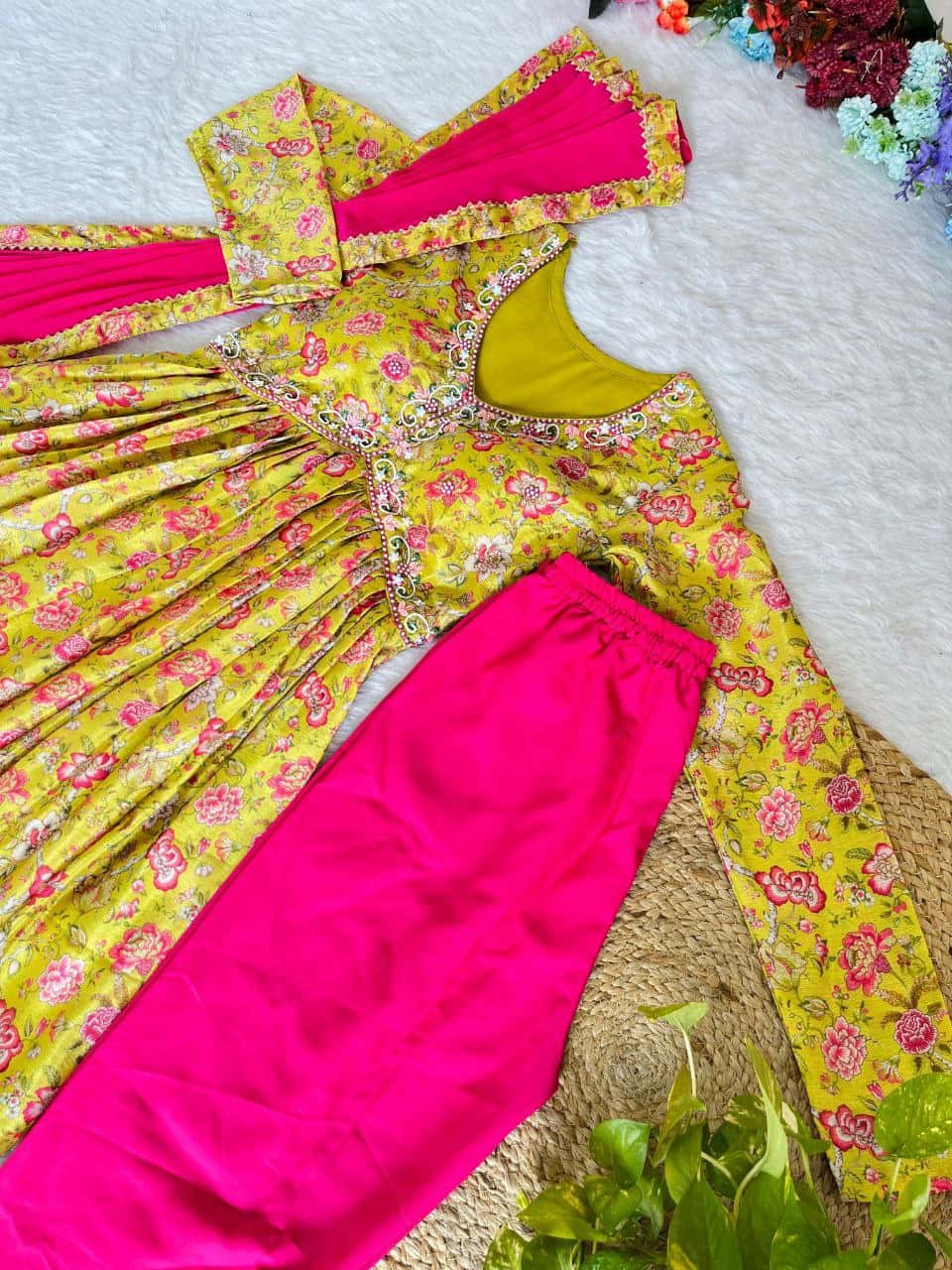 "Chinon Soft Fabric Dress with Stunning Digital Print, Hand Embroidery, and Matching Dupatta & Pant Set"