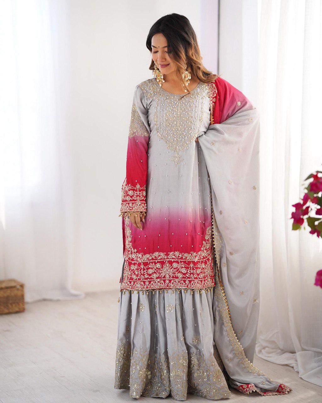 Designer silk kurta palazzo with dupatta set