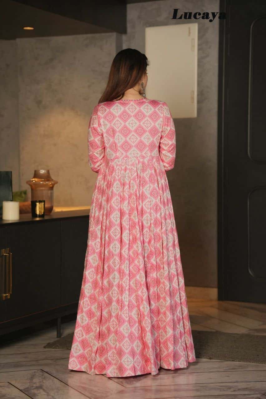 "Heavy Pure Rayon Digital Printed Long Gown Set with Shrug, Crop Top, and Palazzo (Fully Stitched)"
