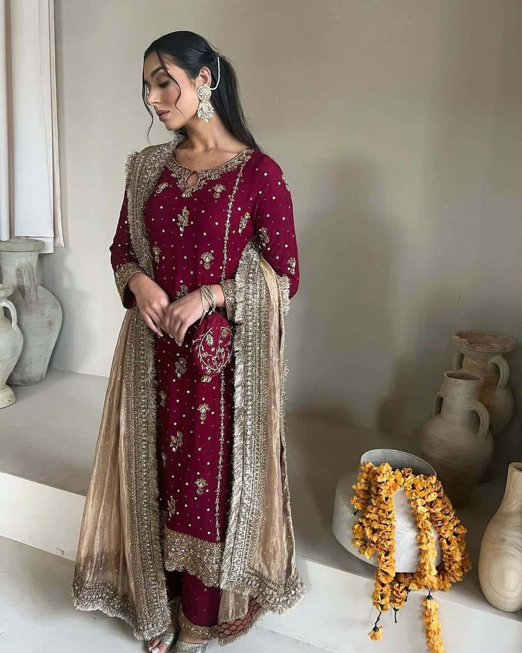 Maroon embroidered readymade stitched salwar suit