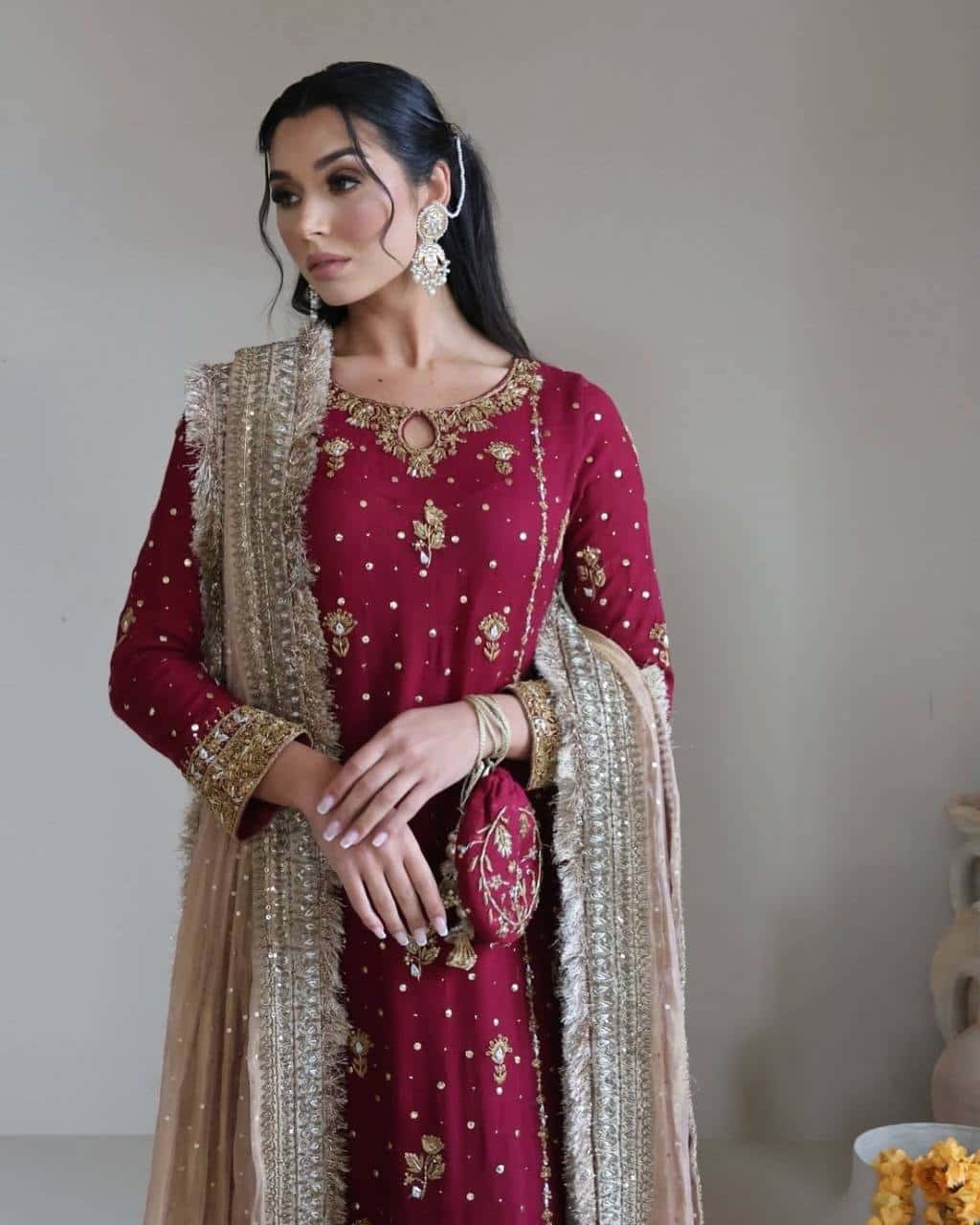 Maroon embroidered readymade stitched salwar suit