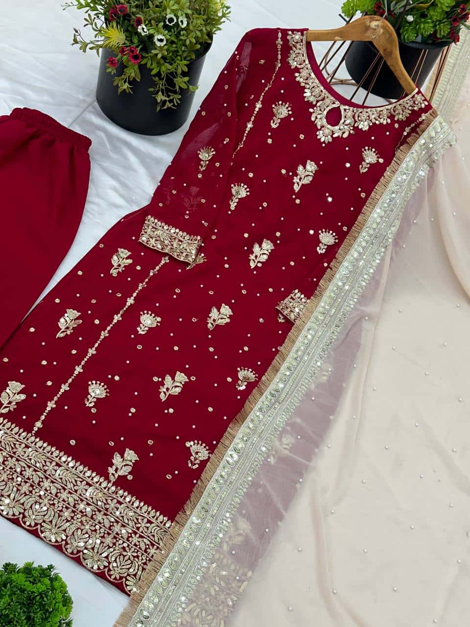 Maroon embroidered readymade stitched salwar suit