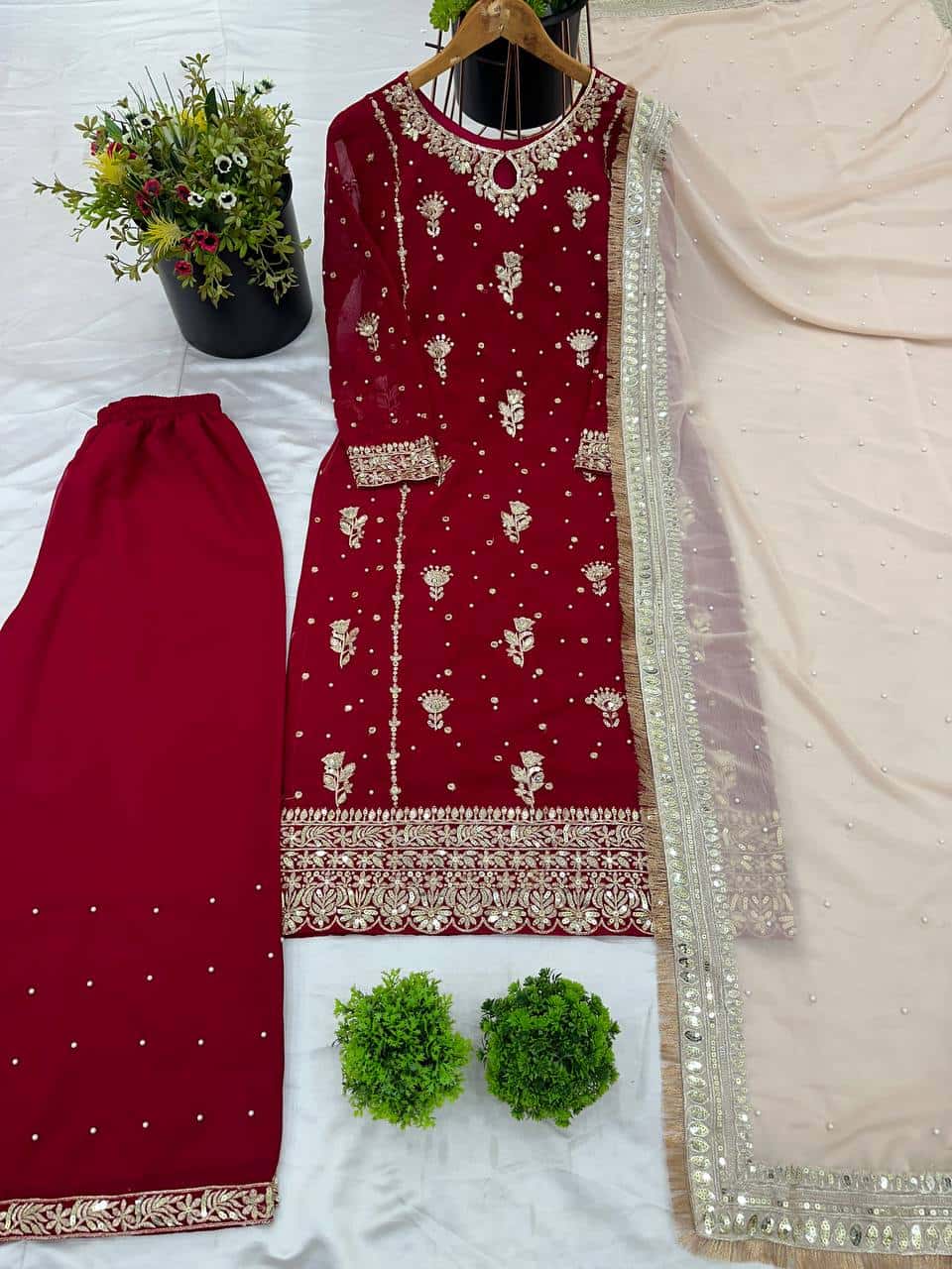 Maroon embroidered readymade stitched salwar suit