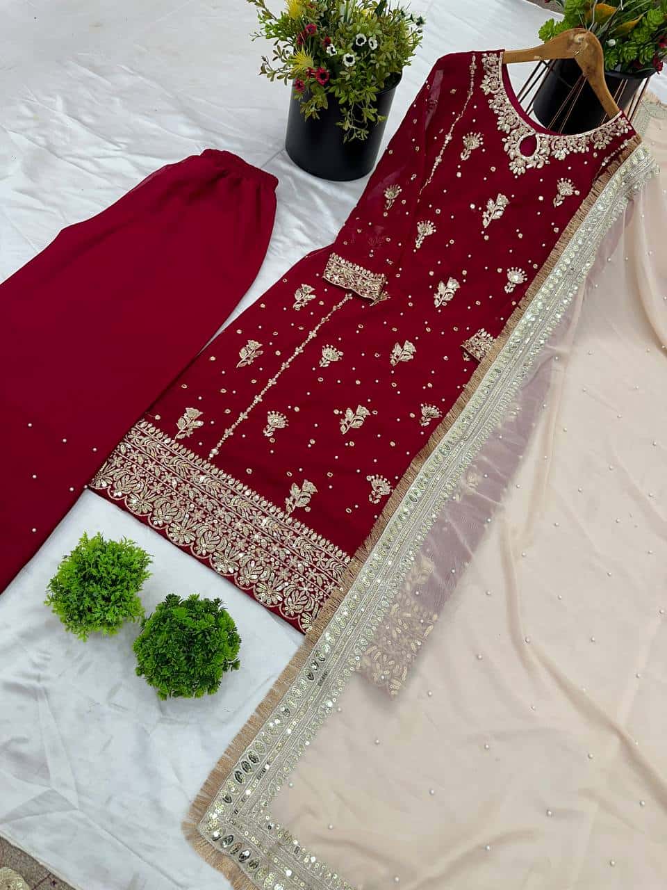 Maroon embroidered readymade stitched salwar suit