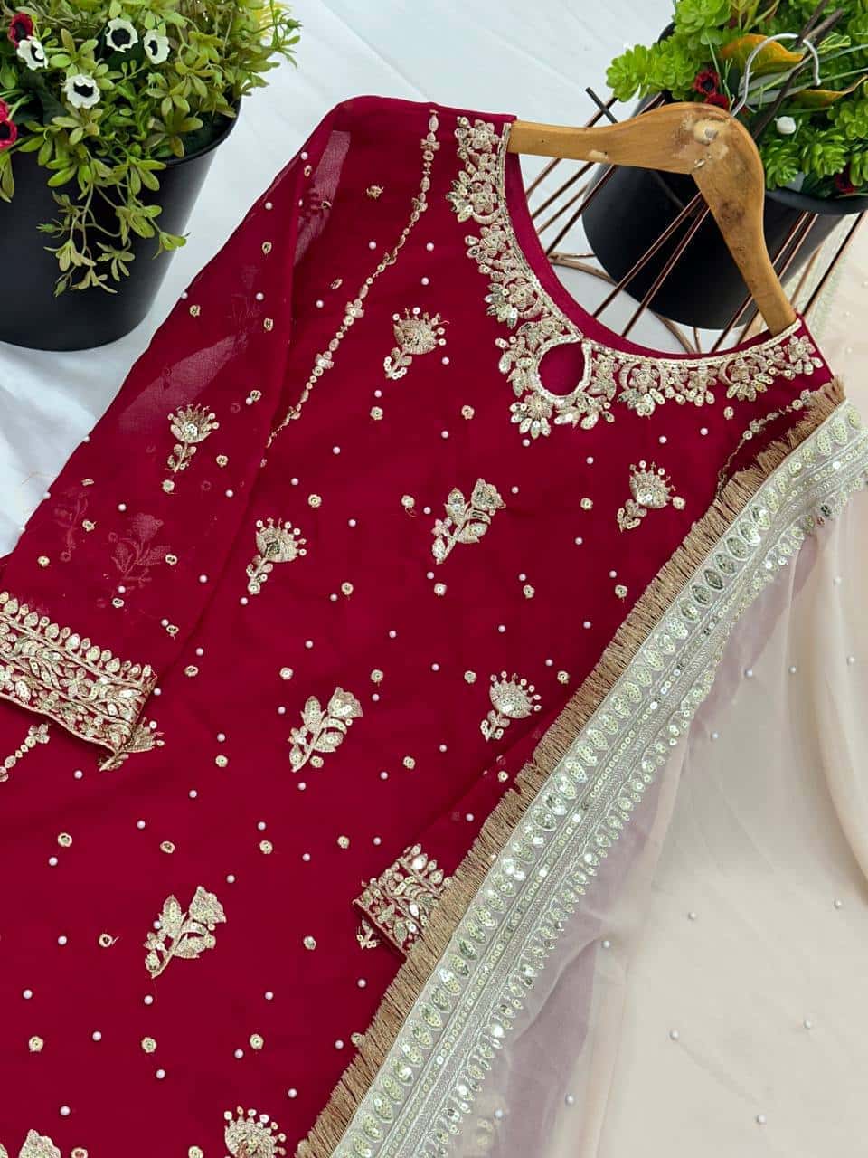 Maroon embroidered readymade stitched salwar suit