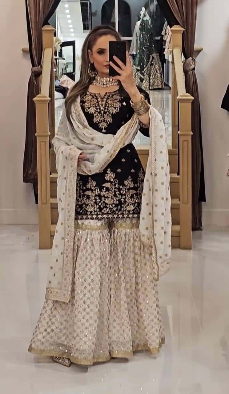 Elegant Embroidered Faux Georgette Top with Sharara Plazzo & Dupatta Set