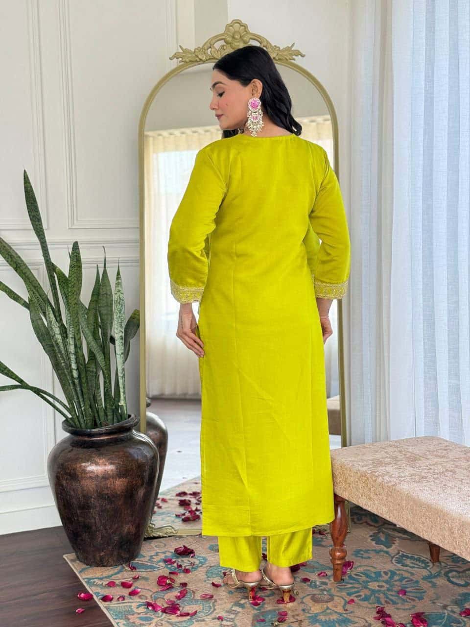 "Elegant Pure Viscose Chanderi Kurti Set with Sequence Embroidery & Jacquard Dupatta"