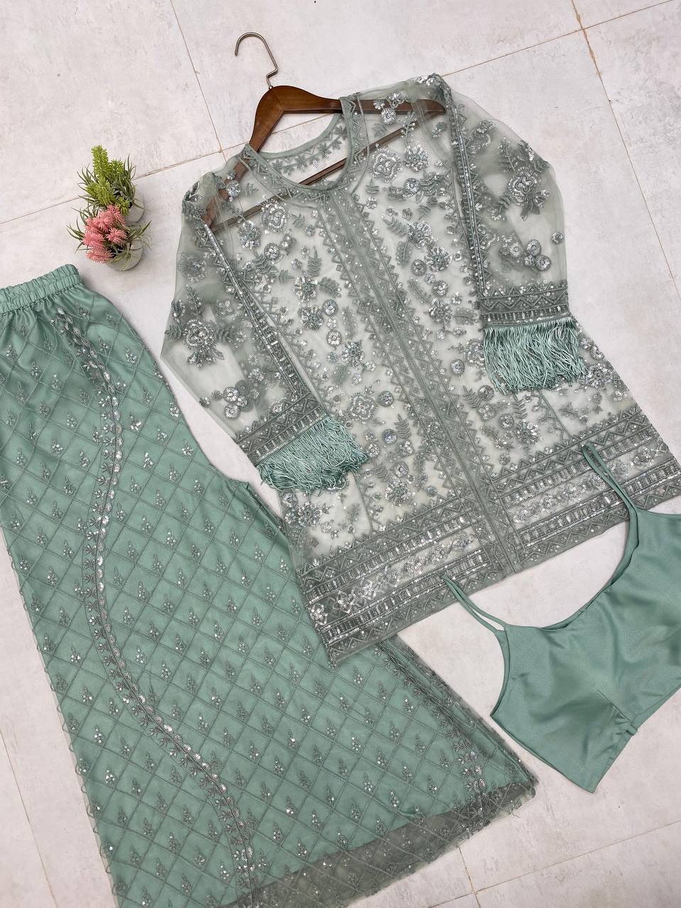 Designer Butterfly Net Top Palazzo Set with Blouse