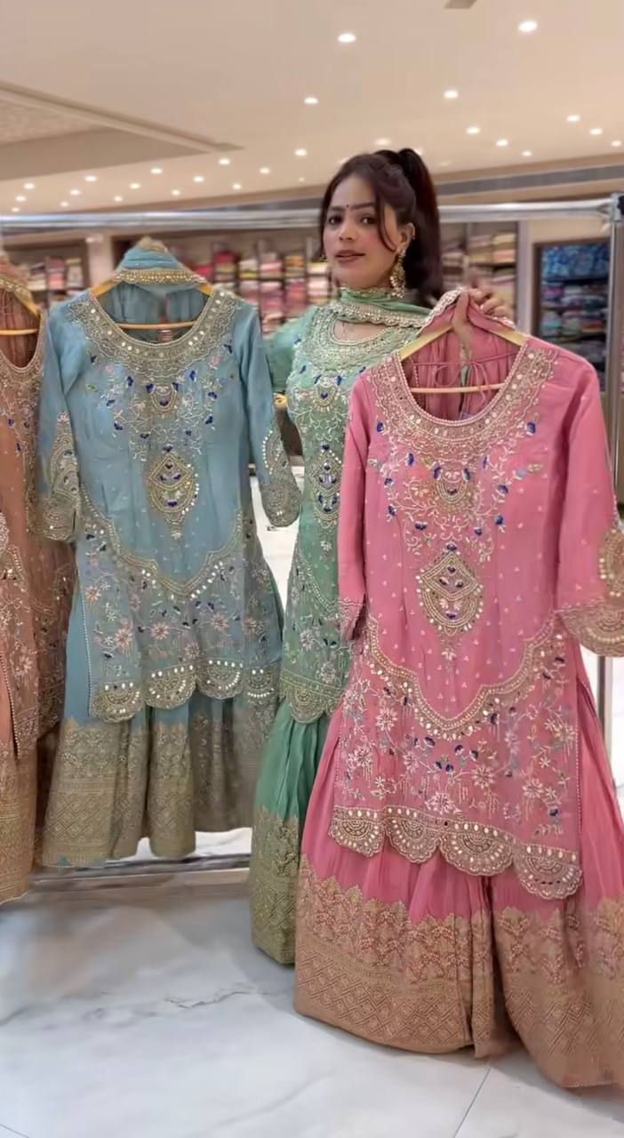 Natural crepe silk kurta sharara with dupatta sets