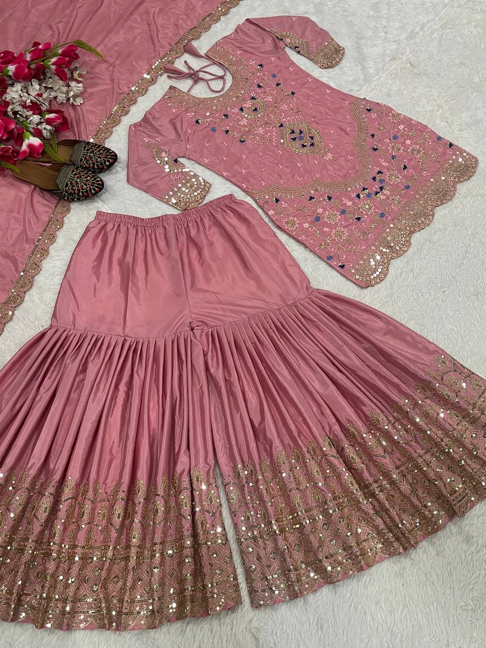 Natural crepe silk kurta sharara with dupatta sets