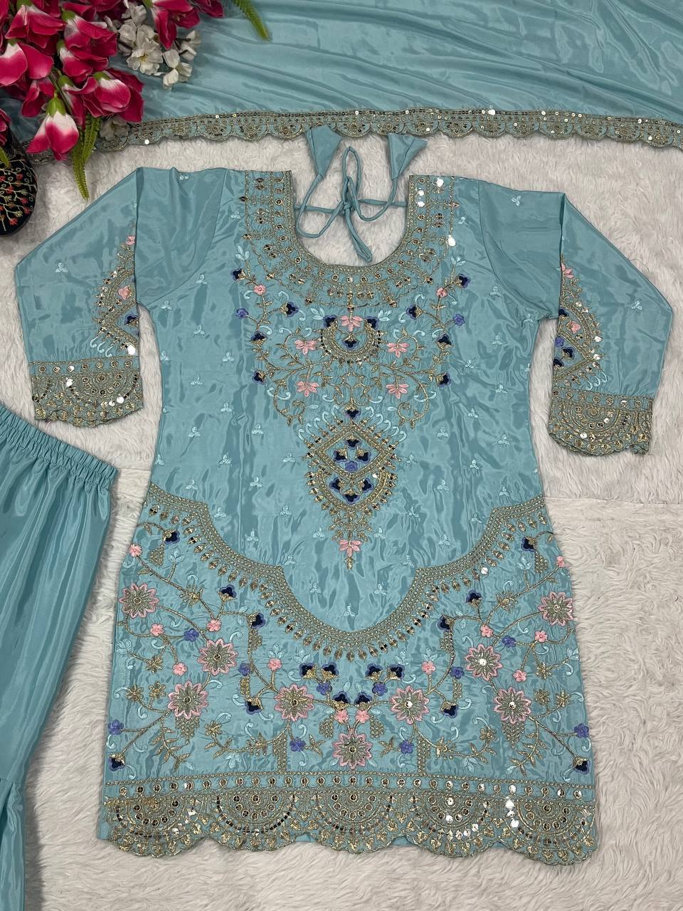Natural crepe silk kurta sharara with dupatta sets