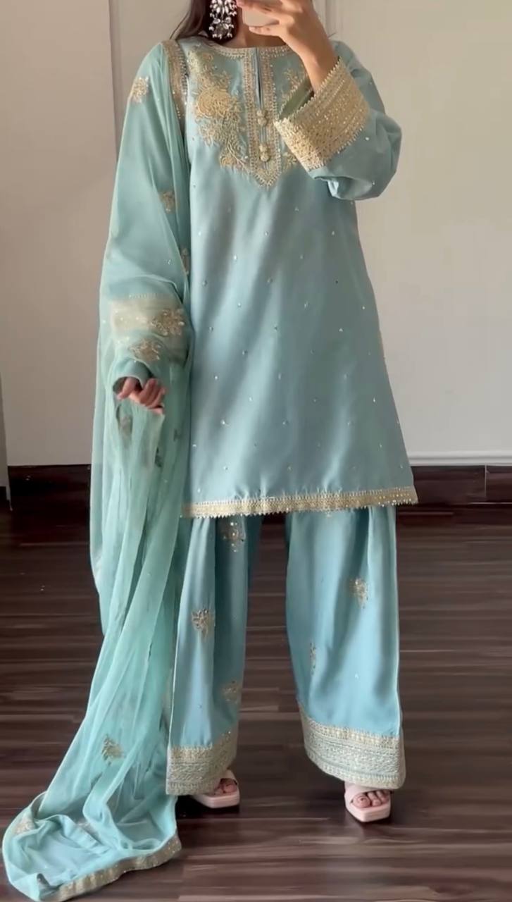 Designer Chinnon Silk Top-Bottom with Dupatta Set