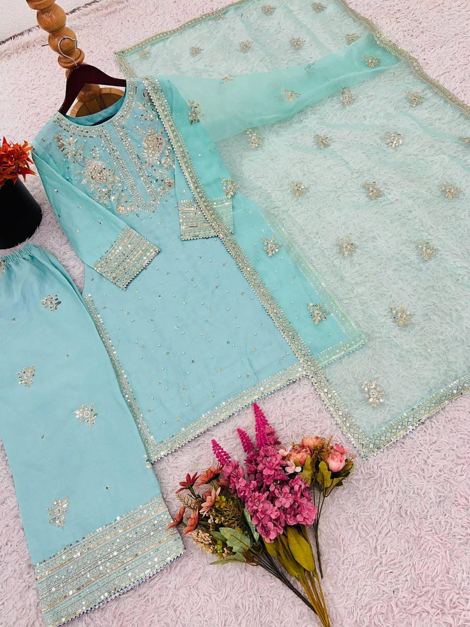 Designer Chinnon Silk Top-Bottom with Dupatta Set