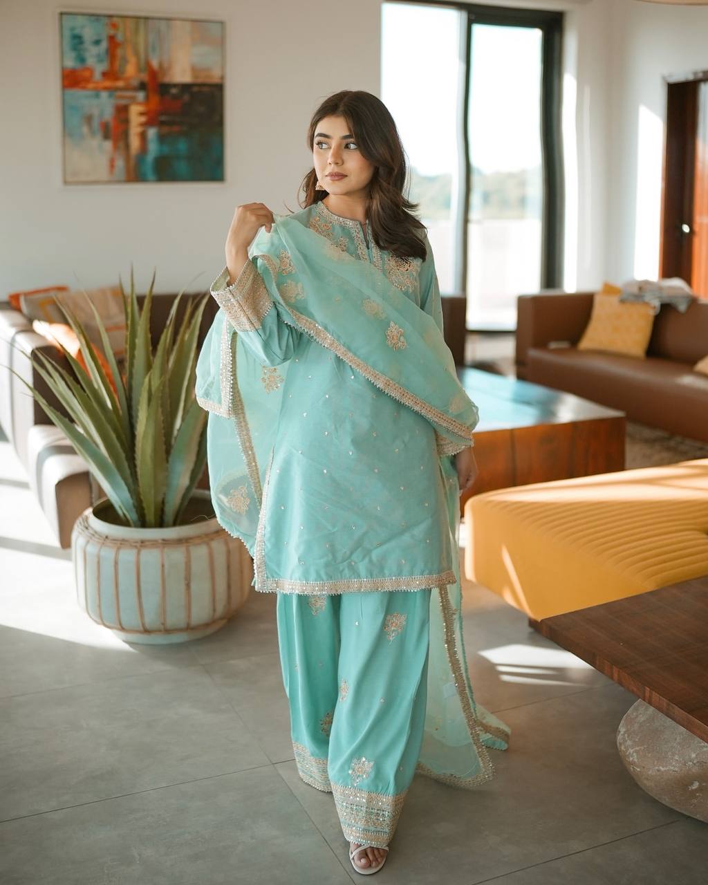 Designer Chinnon Silk Top-Bottom with Dupatta Set
